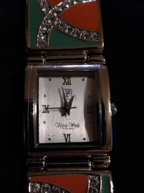 Victoria Wieck Art Deco Teal Orange Enamel Watch B3696